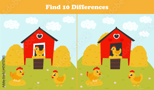 Find ten differences game with farm animals - hen and chicken, colorful printable riddle for kids in cartoon style
