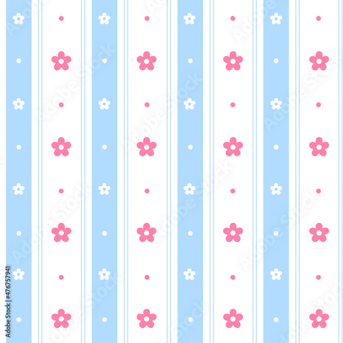Cute Minimal Flower Pink Blue Stripe Line Checkered Gingham Pattern Editable Stroke. Cartoon Illustration, Mat, Fabric, Textile, Scarf, Wrapping Paper.