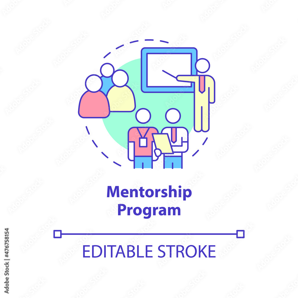 Mentorship program concept icon. Team and personal corporate trainings abstract idea thin line illustration. Isolated outline drawing. Editable stroke. Roboto-Medium, Myriad Pro-Bold fonts used