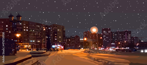 winter landscape of night snow covered city street