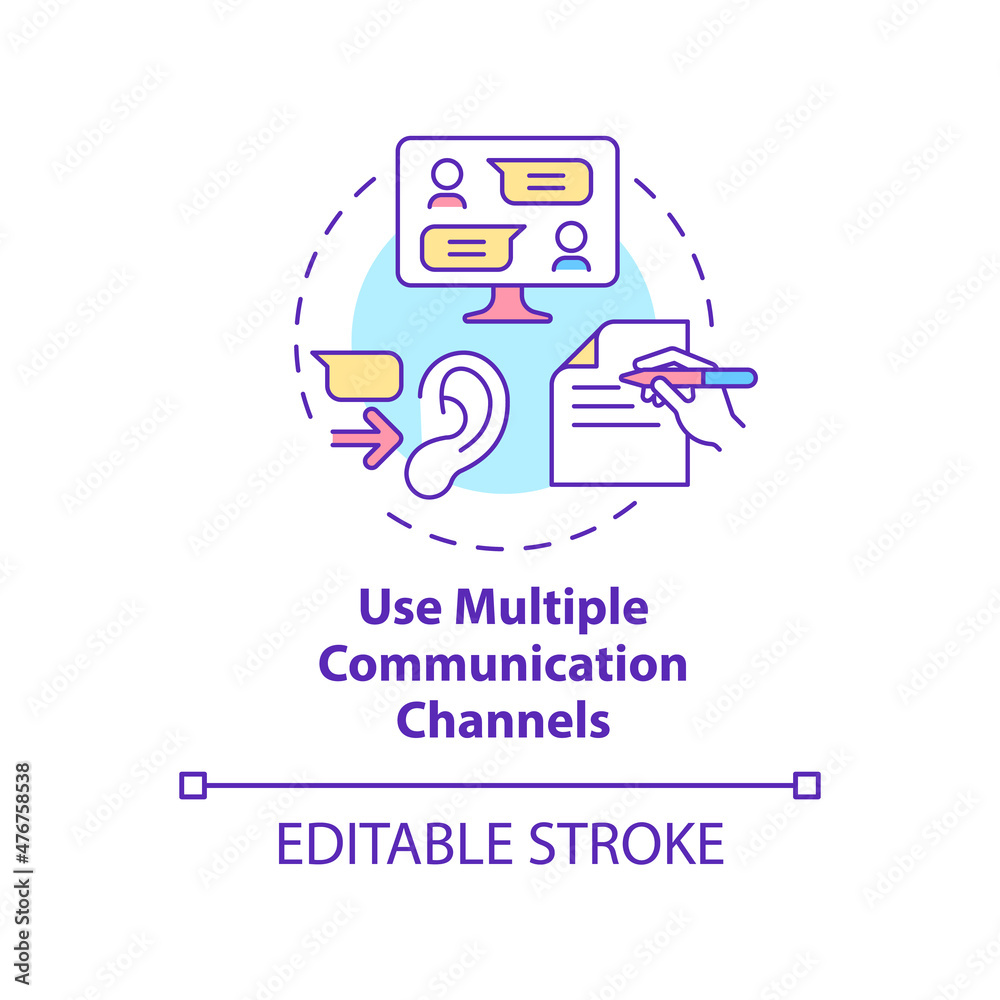 Use multiple communication channels concept icon. Teamwork support abstract idea thin line illustration. Isolated outline drawing. Editable stroke. Roboto-Medium, Myriad Pro-Bold fonts used