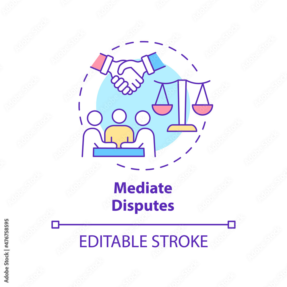 Mediate disputes concept icon. Respectful discussion in team abstract idea thin line illustration. Isolated outline drawing. Editable stroke. Roboto-Medium, Myriad Pro-Bold fonts used