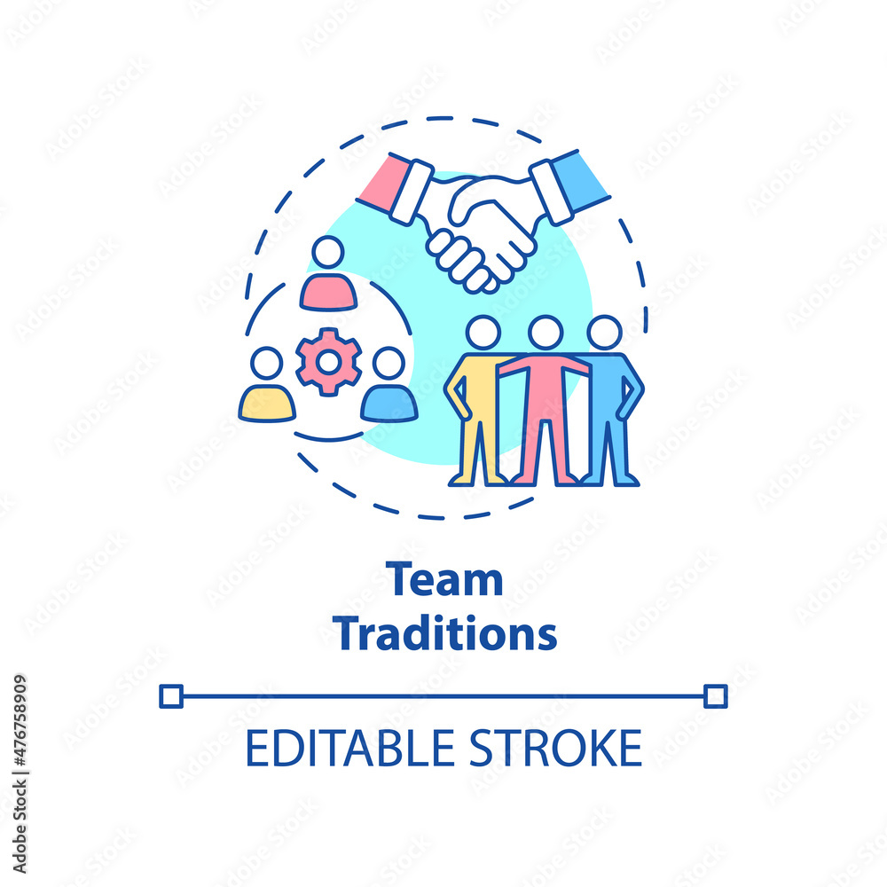 Team traditions concept icon. Rituals connecting employees abstract idea thin line illustration. Isolated outline drawing. Editable stroke. Roboto-Medium, Myriad Pro-Bold fonts used