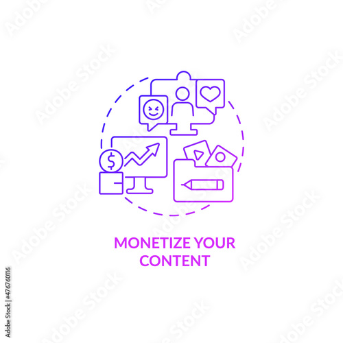 Monetize your content purple gradient concept icon. Business model. Money from subscription abstract idea thin line illustration. Isolated outline drawing. Roboto-Medium, Myriad Pro-Bold fonts used