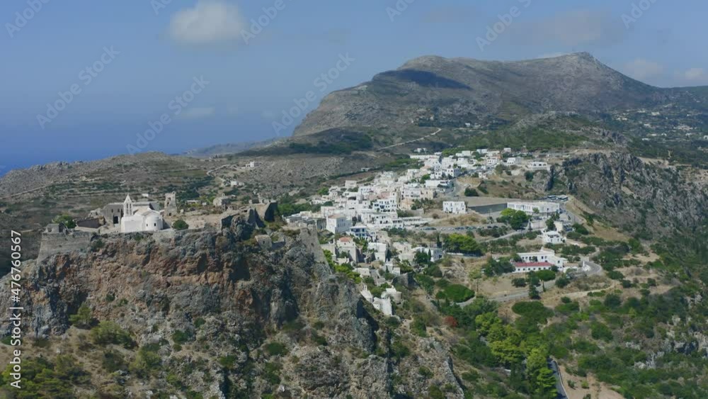 Kythera, Greece. Aerial drone zoom out shot of Chora town and Venetian castle Kythera, Greece. Aerial drone zoom out shot of Chora town and Venetian castle