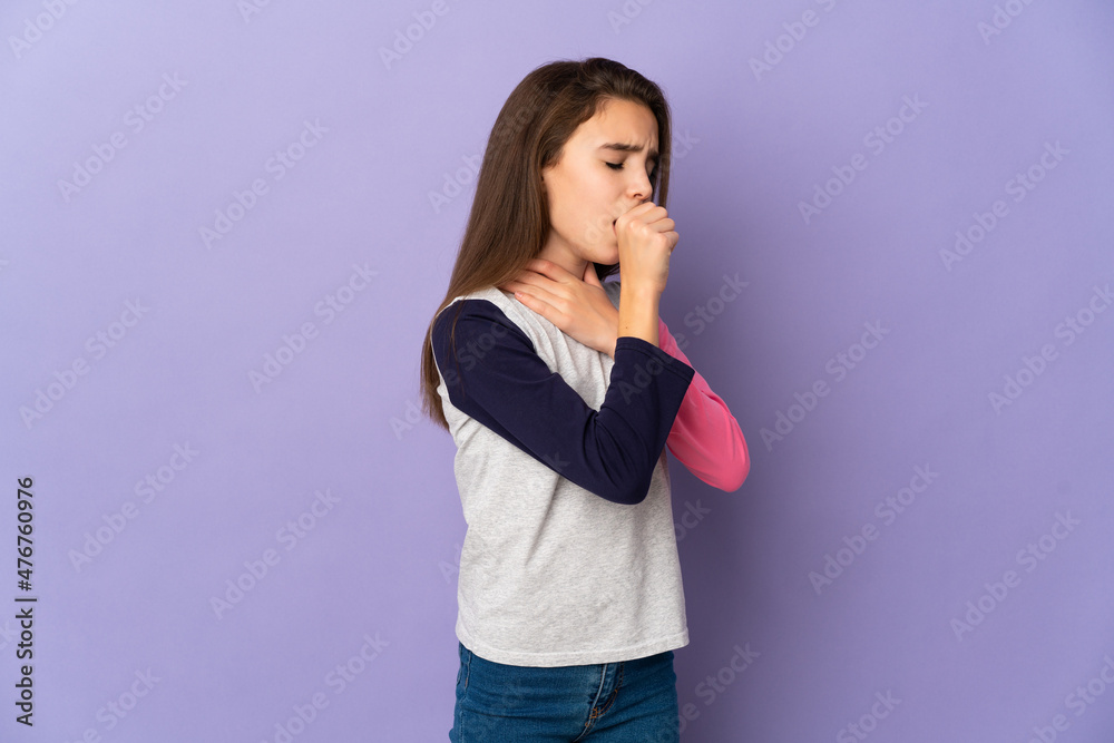 Little girl isolated on purple background coughing a lot Little girl isolated on purple background coughing a lot