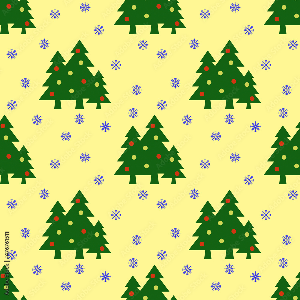 Seamless pattern. Image of green Christmas trees with balls and snowflakes on pastel yellow backgrounds. Symbol of New Year and Christmas. Template for applying to surface. 3D image. 3d rendering