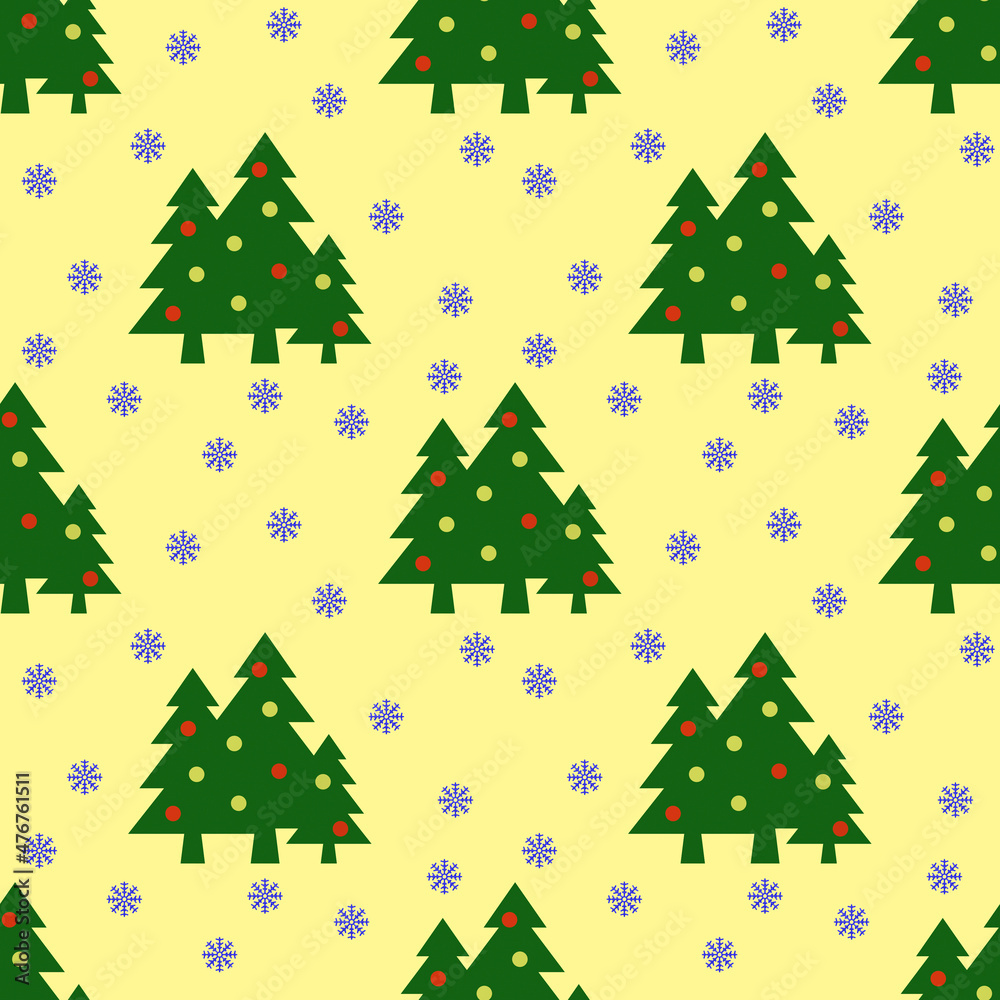 Seamless pattern. Image of green Christmas trees with balls and snowflakes on pastel yellow backgrounds. Symbol of New Year and Christmas. Template for applying to surface. 3D image. 3d rendering Seamless pattern. Image of green Christmas trees with balls and snowflakes on pastel yellow backgrounds. Symbol of New Year and Christmas. Template for applying to surface. 3D image. 3d rendering