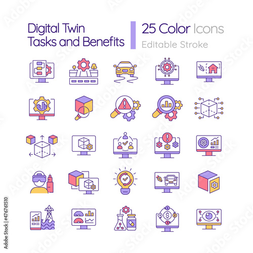 Digital twin tasks and benefits RGB color icons set. Product development. Isolated vector illustrations. Simple filled line drawings collection. Editable stroke. Quicksand-Light font used