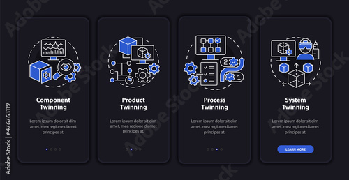 Digital twin levels night mode onboarding mobile app screen. Walkthrough 4 steps graphic instructions pages with linear concepts. UI  UX  GUI template. Myriad Pro-Bold  Regular fonts used