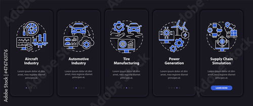 Digital twin implementation night mode onboarding mobile app screen. Walkthrough 5 steps graphic instructions pages with linear concepts. UI, UX, GUI template. Myriad Pro-Bold, Regular fonts used