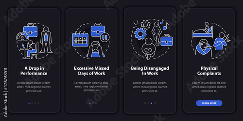 Anxiety at work reasons night mode onboarding mobile app screen. Disorder walkthrough 4 steps graphic instructions pages with linear concepts. UI, UX, GUI template. Myriad Pro-Bold, Regular fonts used