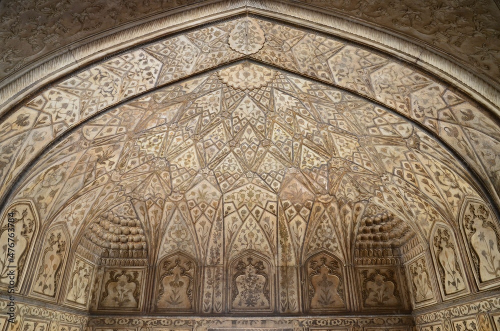 Beautiful decorated ceilings inside of Agra Fort