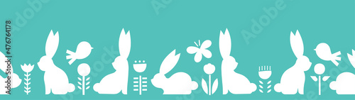 Billede på lærred Horizontal banner with rabbits on a blue background