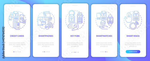Payment methods blue gradient onboarding mobile app screen. Cashless walkthrough 5 steps graphic instructions pages with linear concepts. UI, UX, GUI template. Myriad Pro-Bold, Regular fonts used