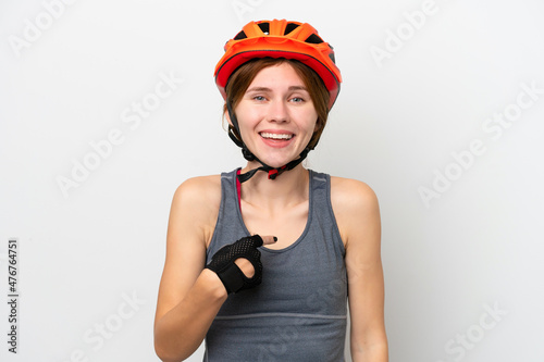 Young cyclist English woman isolated on white background with surprise facial expression © luismolinero