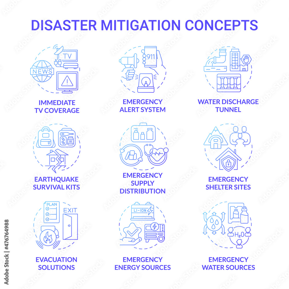 Disaster mitigation blue gradient concept icons set. Emergency situation solutions idea thin line color illustrations. Isolated outline drawings. Roboto-Medium, Myriad Pro-Bold fonts used