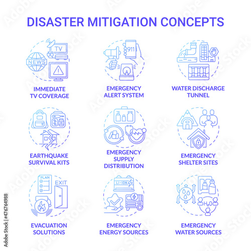 Disaster mitigation blue gradient concept icons set. Emergency situation solutions idea thin line color illustrations. Isolated outline drawings. Roboto-Medium, Myriad Pro-Bold fonts used
