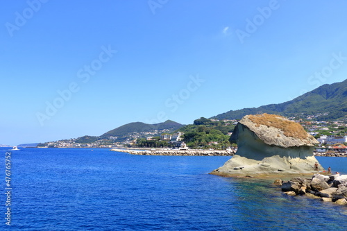 View to the Coastal landscape of Lacco Ameno from the sea, Mediterranean Sea coast, bay of Naples, Ischia island, Italy photo