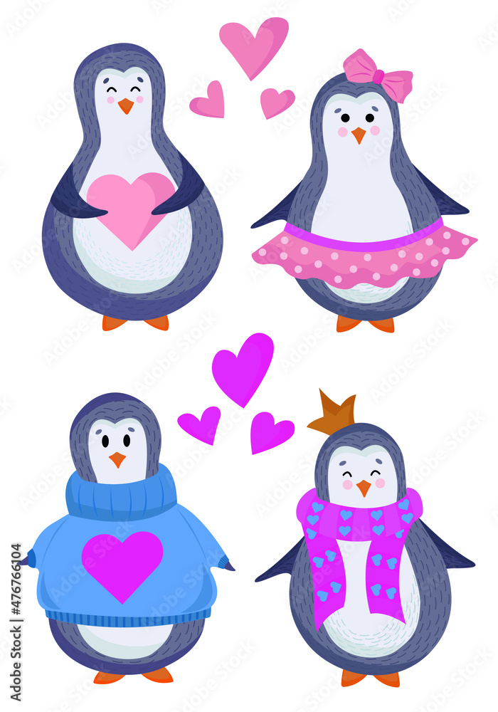 Naklejka premium Vector Valentine's day penguins in love in a flat style isolated on a white background. Great for postcards, posters, stickers