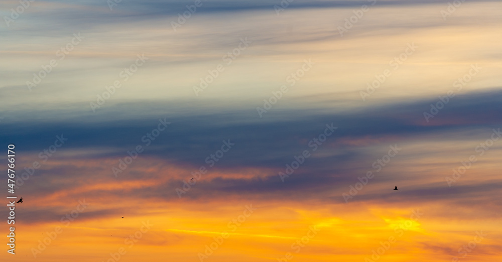 Beautiful morning sky. Orange red blue paints. Heavenly abstract summer gentle background. Beautiful picturesque bright majestic dramatic evening morning sky at sunset or dawn.