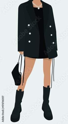 Image of a young lady in dark monochrome autumn / spring. Vector flat illustration of a girl in a black jacket, dress, boots and with a bag. Design for avatars, templates, postcards.