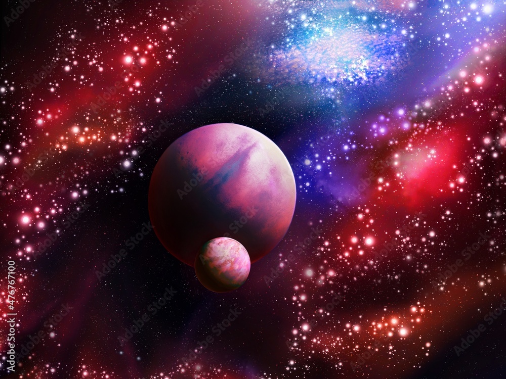 Universe with nebula and stars. Earth-like exoplanet, beautiful alien world. Colorful cosmos with stardust. 