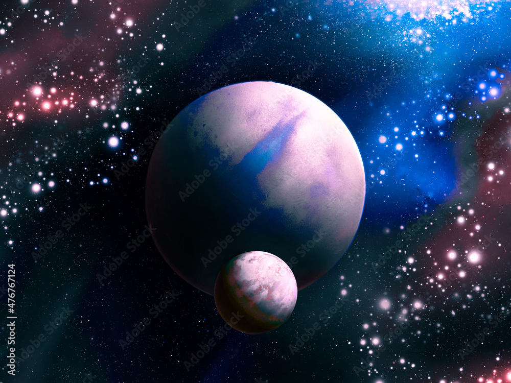 Planet with a satellite in space. An exoplanet with a moon surrounded by clusters of stars and nebulae. Space landscape. 