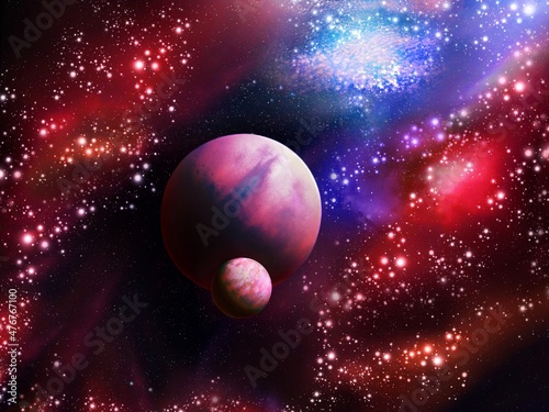 Fototapeta Naklejka Na Ścianę i Meble -  Universe with nebula and stars. Earth-like exoplanet, beautiful alien world. Colorful cosmos with stardust. 