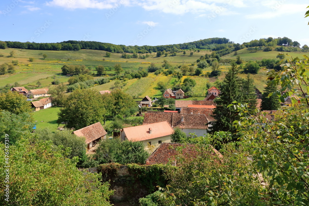 The village of Biertan, (Birthälm) and surrounding landscape, Sibiu County, Romania. Seen from the fortified church of Biertan, which is a UNESCO World Heritage Site.