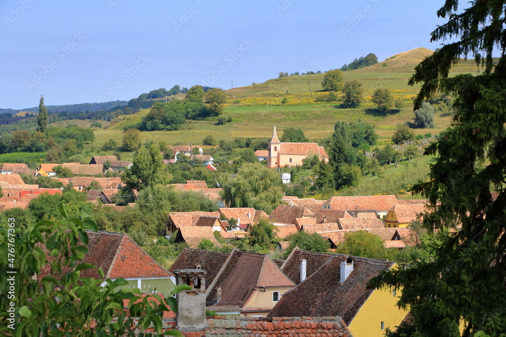 The village of Biertan, (Birthälm) and surrounding landscape, Sibiu County, Romania. Seen from the fortified church of Biertan, which is a UNESCO World Heritage Site.