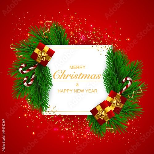 Merry Christmas and Happy New Year. Vector illustration for winter holiday. December. Flying golden confetti. Golden luxury product label. Web banner, poster, postcard. Modern design