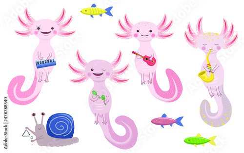 Cartoon axolotls play musical instruments. Set of children's characters. Musical band of animals. Ukulele, maracas, saxophone, synthesizer.