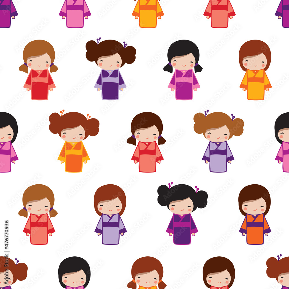 Cute seamless pattern with Japanese girl textile, fabric manufacturing, wallpaper, covers, surface, print, gift wrap, scrapbooking. Vector.