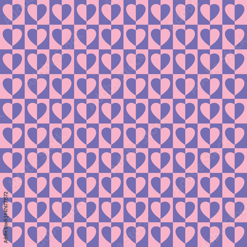 checkers seamless pattern with geometric hearts. Simple and trendy flat vector illustration in retro style. Colorful background, checkerboard, 60s, 70s, hippie aesthetic