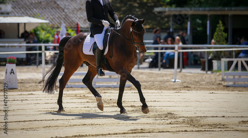 Dressage horse with rider in the tournament during the test at the first step into the turn.. © RD-Fotografie