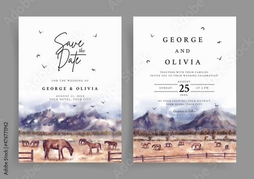 Wedding invitation of horses in savannah nature landscape watercolor