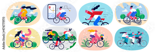 Set of diverse young people relax riding bikes 