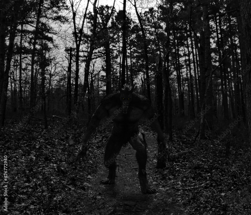 3d illustration of a Werewolf Dogman cryptid on a forest path in black