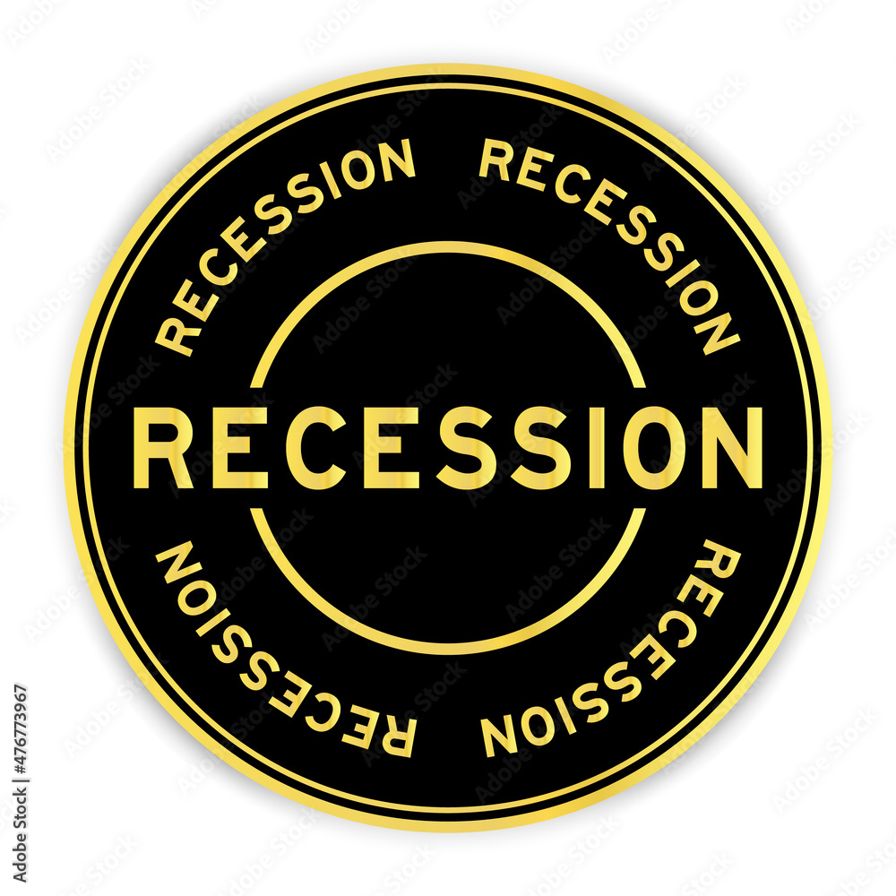 Black and gold color round label sticker with word recession on white background