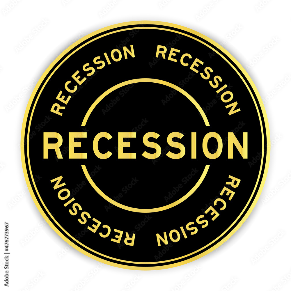 Black and gold color round label sticker with word recession on white background Black and gold color round label sticker with word recession on white background