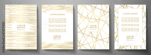 Modern white cover design set. Luxury dynamic gold circle, line pattern. Creative premium stripe vector background for business catalog, brochure template, notebook, invite
