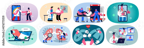 Set of doctors help sick patients in clinic 