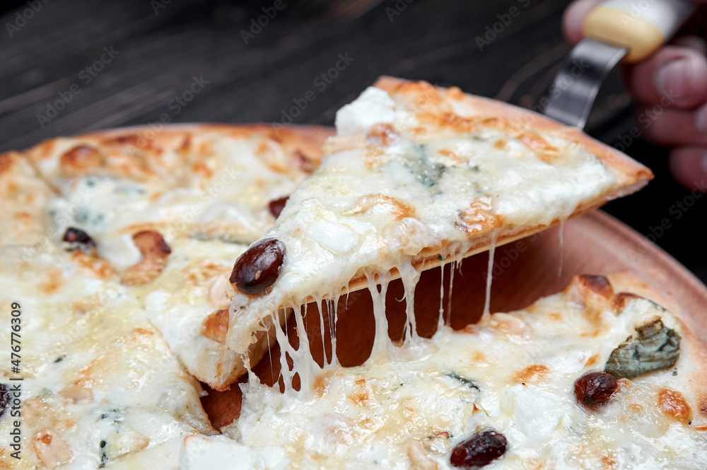 Top view tasty italian pizza on dark background