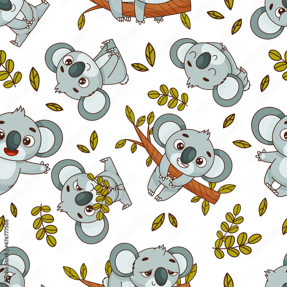Seamless pattern with cute koalas among eucalyptus leaves. Endless ...