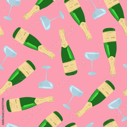 Seamless pattern with bottle of champagne and glass. Party background for textile, fabric, web, wrapping paper, card, socks and other design.
