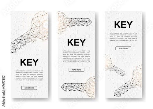 Set of three Key polygonal vertical banners. 3d Key low poly symbols with connected dots. Vertical illustration for homepage design, promo banner.