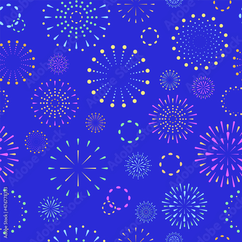 Seamless pattern with flat geometric Japanese style Hanabi fireworks