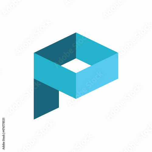 initial p letter blue cube logo design