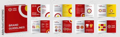Red Brand Guidelines template. Brand Manual presentation in A4 size. Logo Guideline mockup. Logo Guide Book layout